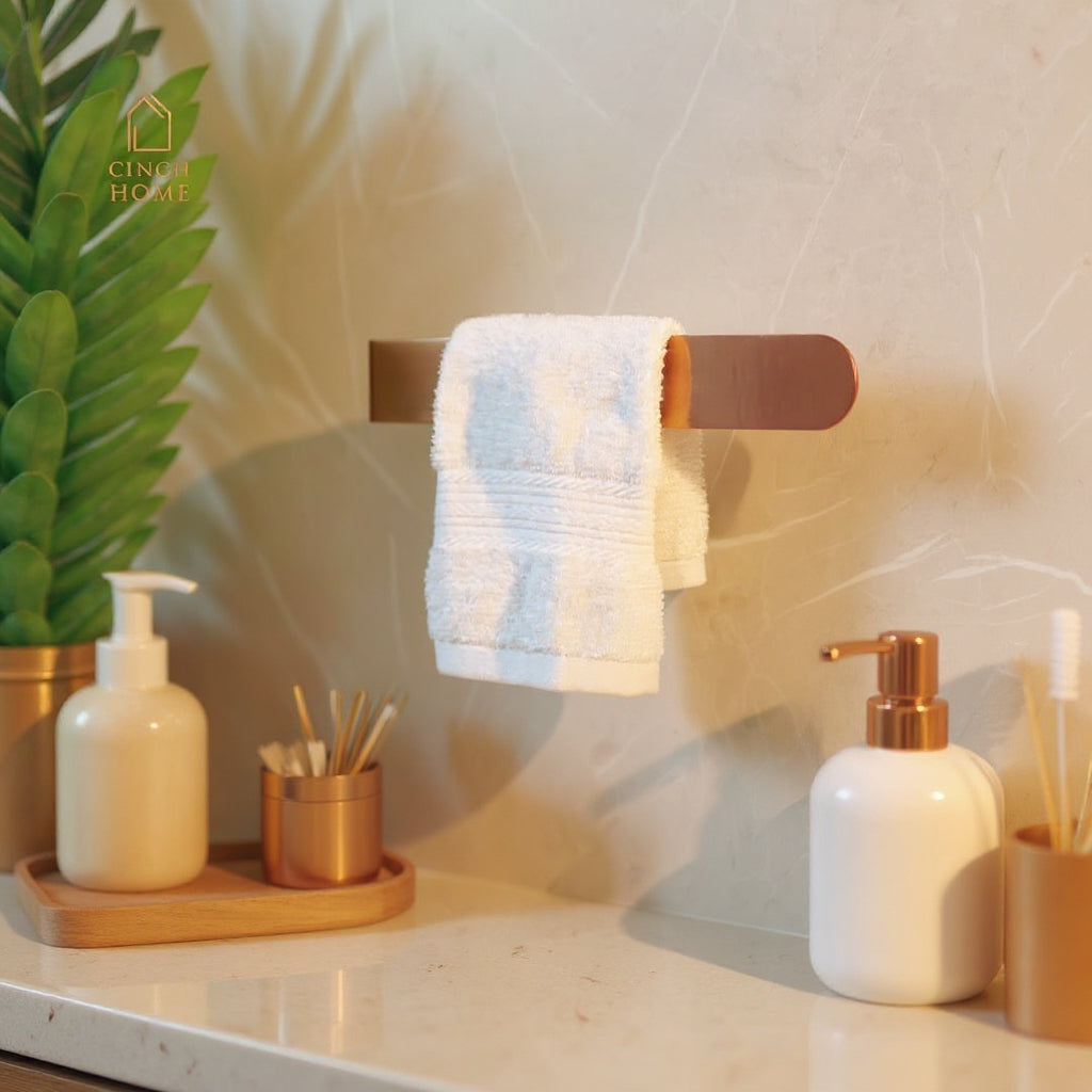 gold towel holder, peel and stick towel rack, self adhesive towel stand, no drill towel holder India, bathroom towel holder, stainless steel gold rack, CinchHome towel holder, wall mounted towel bar, a bathroom accessories, gold bathroom décor, rose gold towel holder, rose gold bathroom accessories, black towel holder, silver bathroom accessories