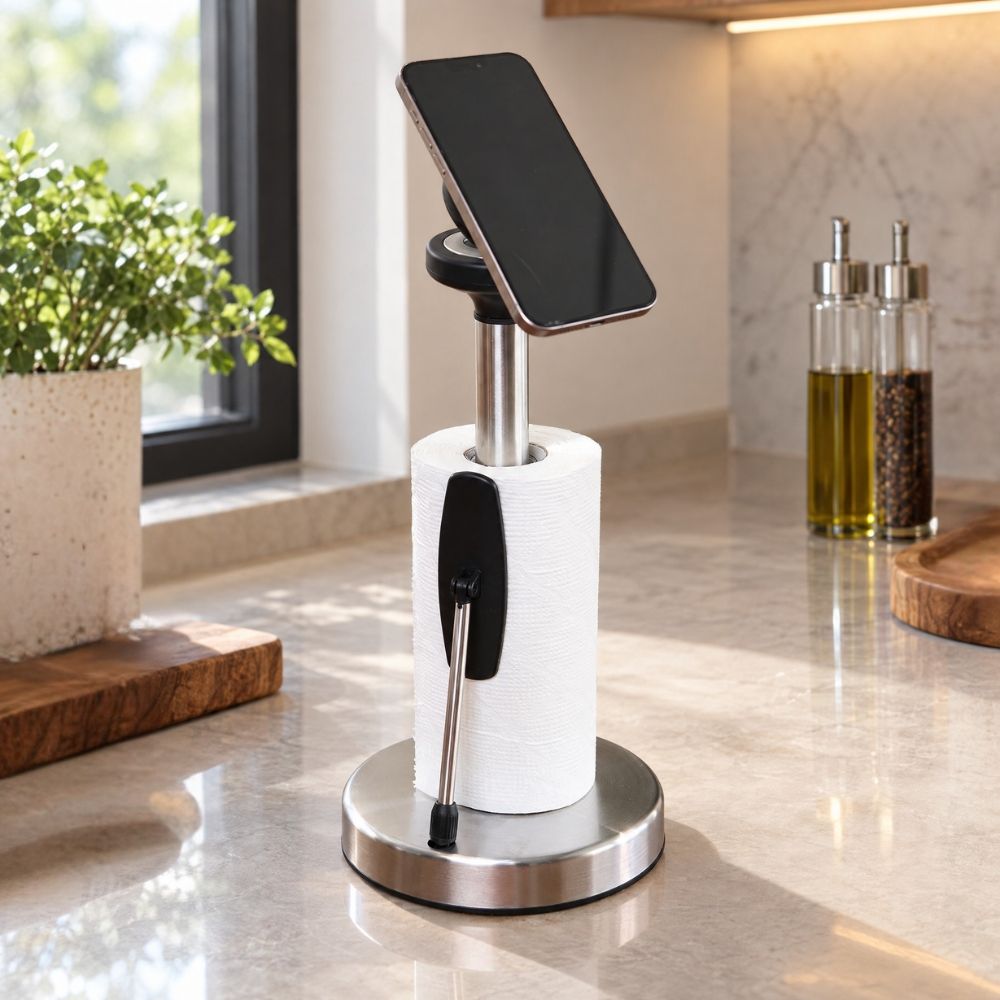 kitchen paper towel holder, stainless steel tissue holder, kitchen tissue stand, paper towel stand, kitchen roll holder, countertop paper towel holder, paper towel holder with phone stand, mobile phone holder, kitchen phone stand, tissue roll holder, kitchen countertop organizer, kitchen accessories, multifunctional kitchen stand, hands free phone holder, kitchen roll stand, paper towel dispenser, modern kitchen accessories, countertop tissue holder, cooking phone stand, Cinch Home kitchen accessories