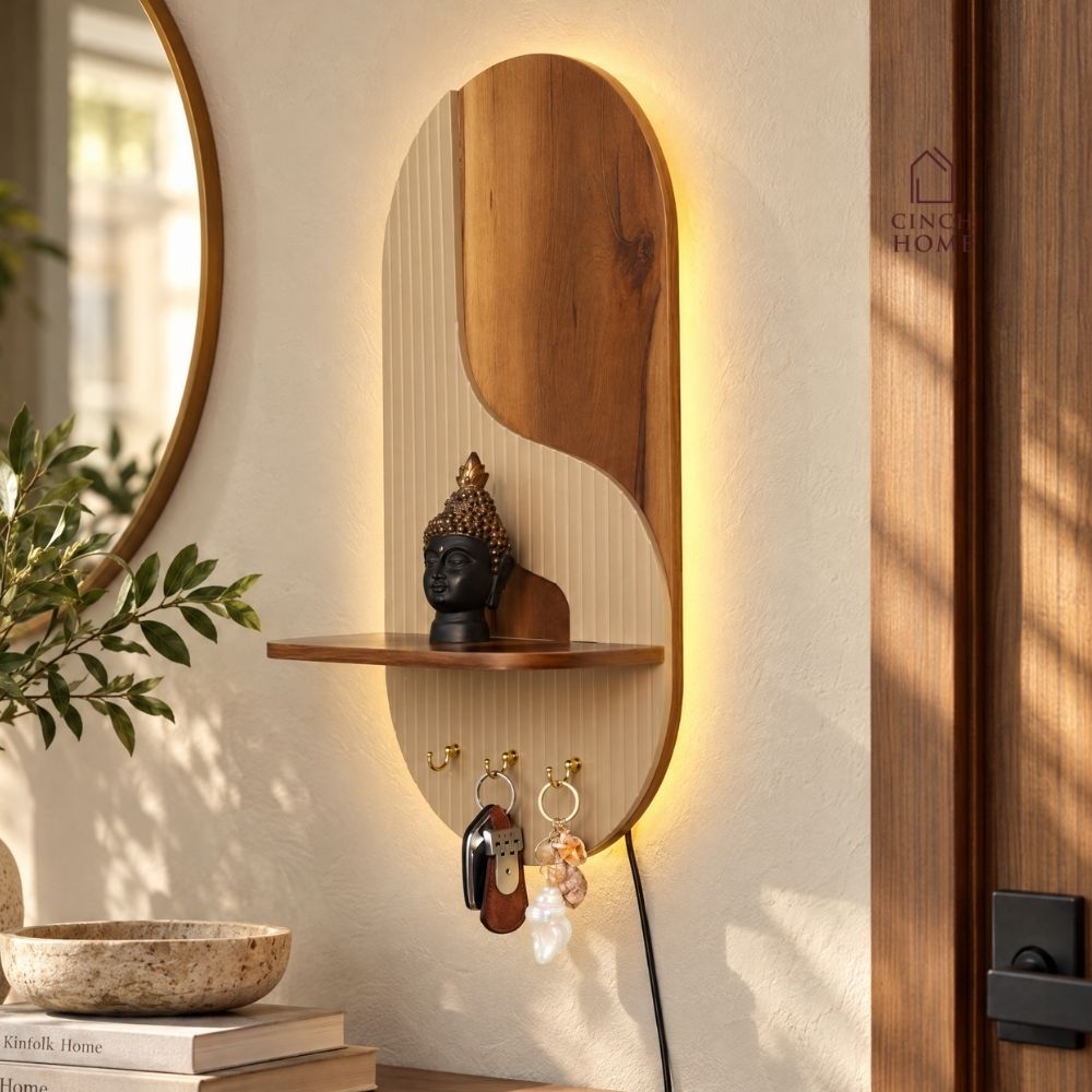 illuminated wall organizer, oval wall organizer, wall key holder, key holder with shelf, key holder with hooks, wall organizer with light, entryway organizer, wall shelf with hooks, ambient wall light, decorative wall shelf, towel hanger, wall mounted organizer, hallway organizer, foyer organizer, bedroom wall organizer, modern wall decor, luxury wall organizer, premium wall decor, wooden wall shelf, key hooks for wall, multifunctional wall organizer, Cinch Home wall organizer