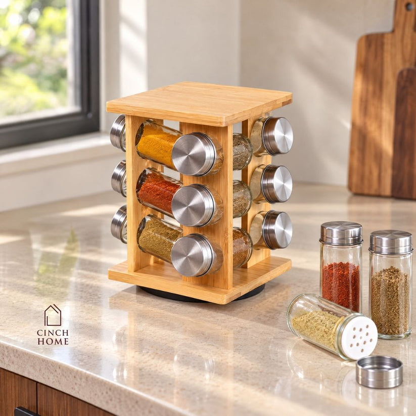 Spiece Containers Rotating Spice Rack with 12 Glass Spice Jars – Cinch Home