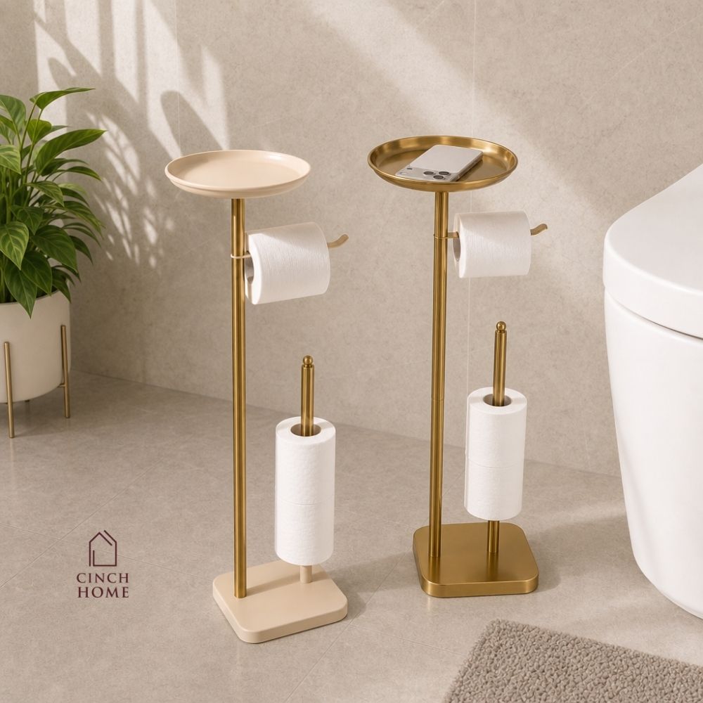 luxury bathroom accessories, premium bathroom accessories, bathroom valet, freestanding bathroom valet, 3 in 1 bathroom organizer, gold bathroom stand, gold bathroom accessories, freestanding towel holder, towel holder stand, gold towel holder, toilet roll holder, toilet roll stand, bathroom organizer with tray, towel and toilet roll holder, modern bathroom accessories, hotel style bathroom accessories, vanity organizer, no drill bathroom accessories, space saving bathroom organizer, gold bathroom decor
