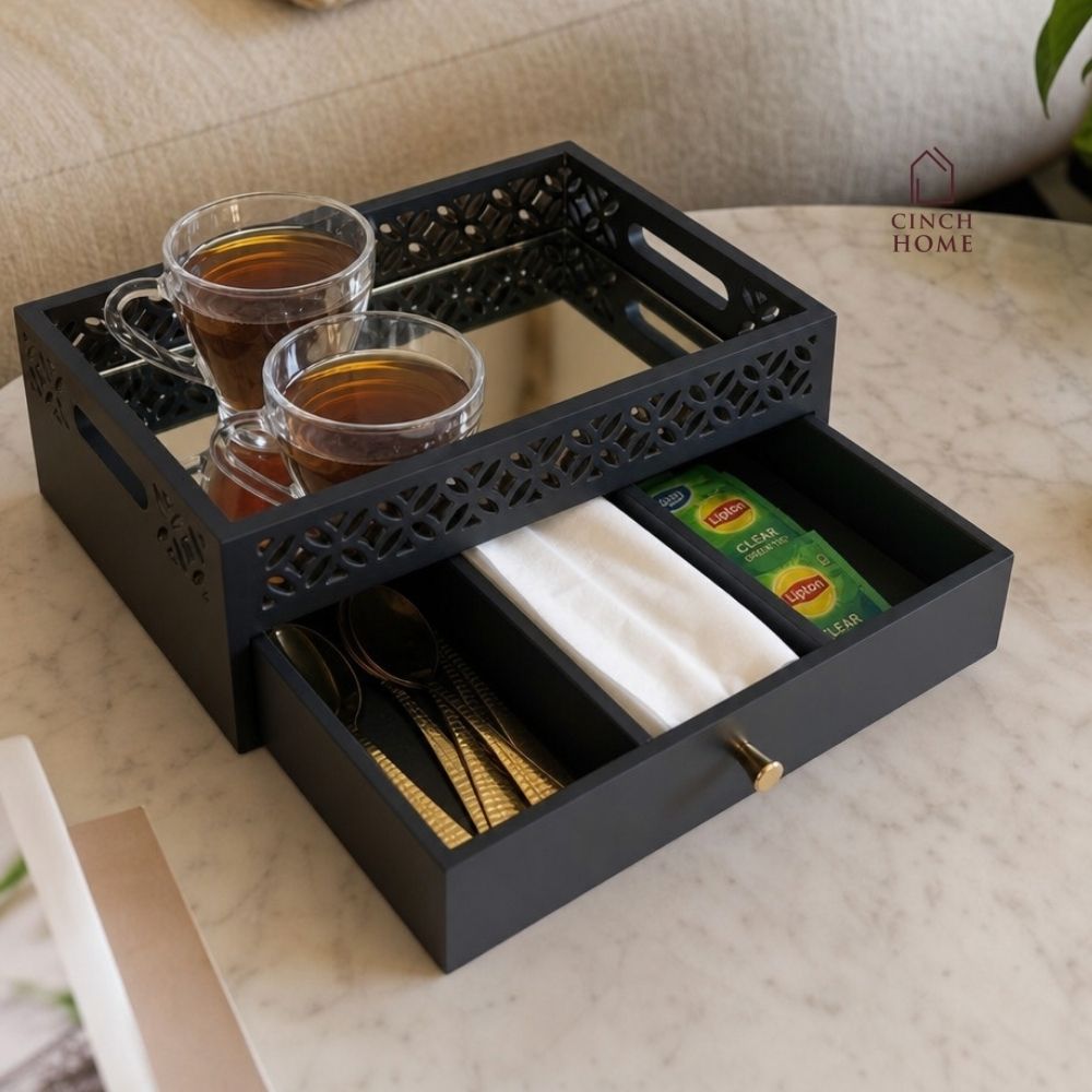 coffee table organizer, coffee table tray, sofa tray, serving tray, wooden serving tray, living room organizer, coffee table storage, 2 tier tray, serving tray with drawer, storage tray with drawer, multipurpose serving tray, table organizer,tea serving tray, coffee serving tray,snack serving tray, dry fruit serving tray,tea coffee organizer, remote organizer, tissue holder tray, cutlery organizer, living room accessories, modern home decor, functional home decor, decorative storage tray, gift, diwali gift