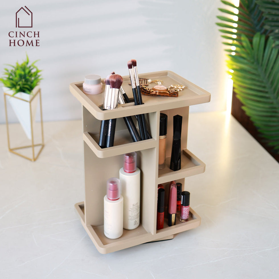 360 degree makeup organizer, rotating skincare organizer, taupe vanity organizer, bathroom counter organizer, dressing table storage, beauty product storage rack, makeup holder stand, skincare storage shelf, cosmetics organizer for vanity, Cinch Home makeup organizer
