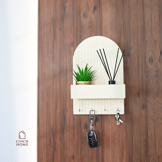 wall-mounted key holder, entryway organizer, key rack with shelf, home decor organizer, MDF key hanger, fluted design key shelf, key hooks with planter, black key holder, space-saving key organizer, key rack for wall, modern wall organizer
