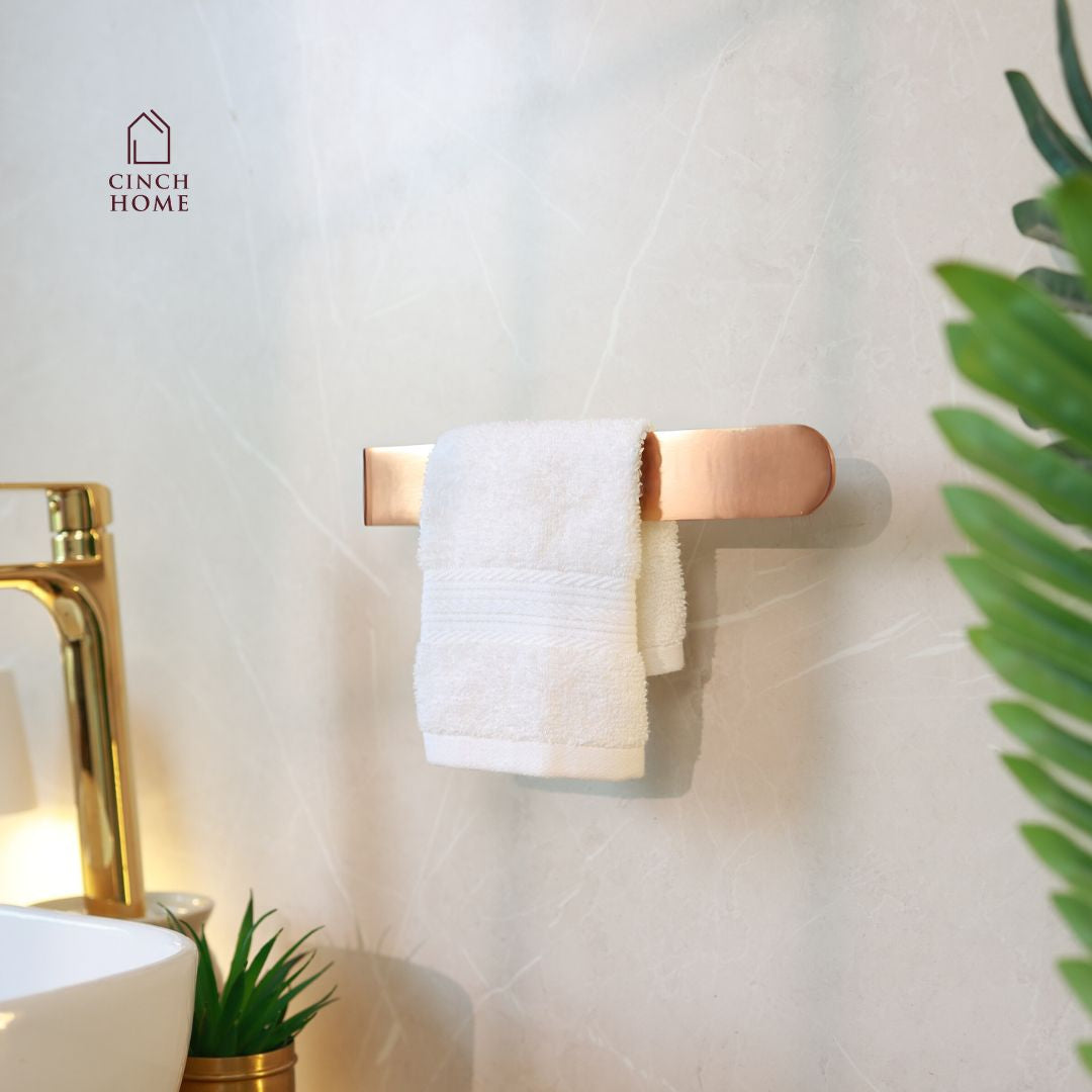 gold towel holder, peel and stick towel rack, self adhesive towel stand, no drill towel holder India, bathroom towel holder, stainless steel gold rack, CinchHome towel holder, wall mounted towel bar, a bathroom accessories, gold bathroom décor, rose gold towel holder, rose gold bathroom accessories, black towel holder, silver bathroom accessories