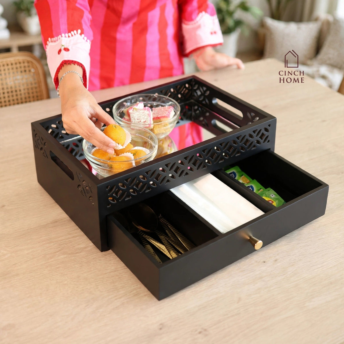 Luxe Serving & Storage Tray- Black| 2 Tier Serving Tray