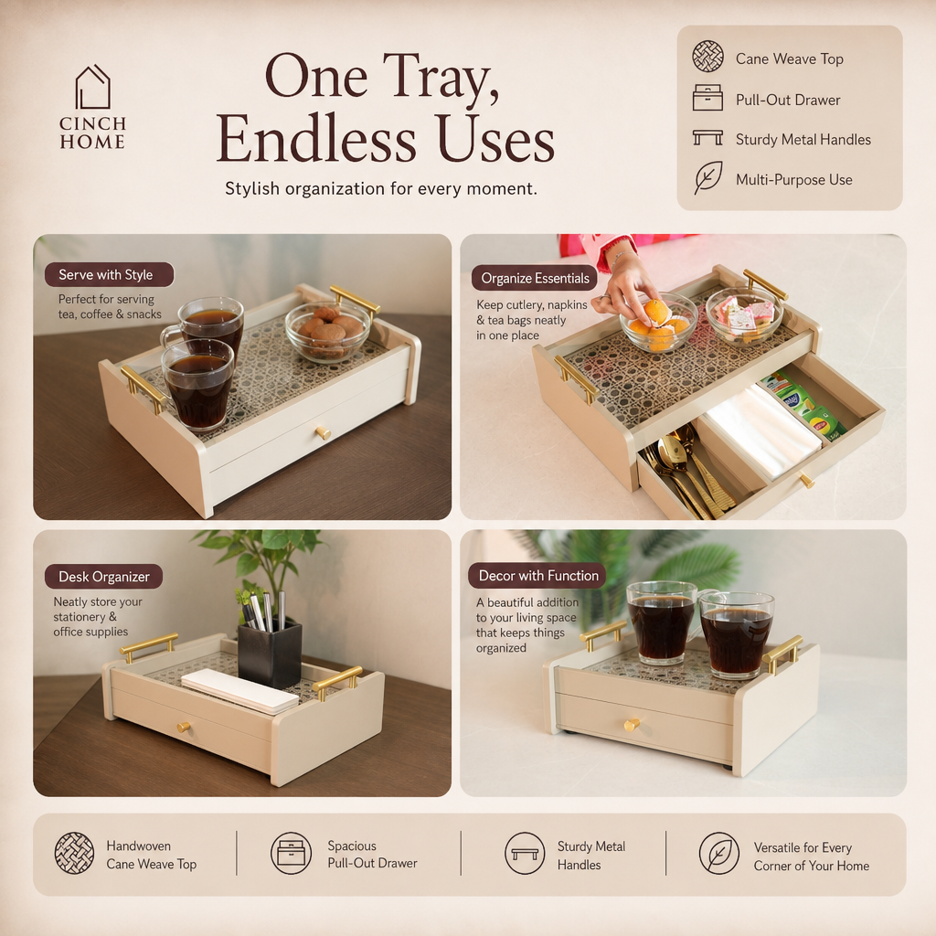 Luxe Serving & Storage Tray- Beige | Rattan | 2 Tier Serving Tray
