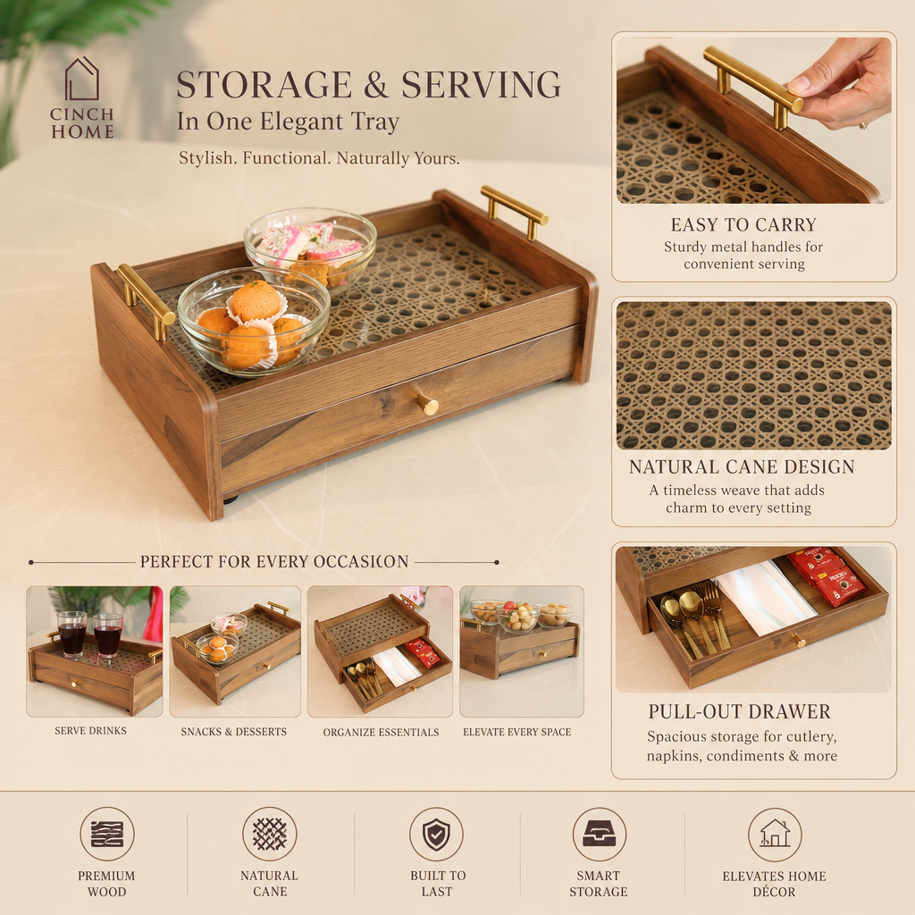 coffee table organizer, coffee table tray, sofa tray, serving tray, wooden serving tray, living room organizer, coffee table storage, 2 tier tray, serving tray with drawer, storage tray with drawer, multipurpose serving tray, table organizer,tea serving tray, coffee serving tray,snack serving tray, dry fruit serving tray,tea coffee organizer, remote organizer, tissue holder tray, cutlery organizer, living room accessories, modern home decor, functional home decor, decorative storage tray, gift, diwali gift