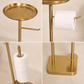 luxury bathroom accessories, premium bathroom accessories, bathroom valet, freestanding bathroom valet, 3 in 1 bathroom organizer, gold bathroom stand, gold bathroom accessories, freestanding towel holder, towel holder stand, gold towel holder, toilet roll holder, toilet roll stand, bathroom organizer with tray, towel and toilet roll holder, modern bathroom accessories, hotel style bathroom accessories, vanity organizer, no drill bathroom accessories, space saving bathroom organizer, gold bathroom decor
