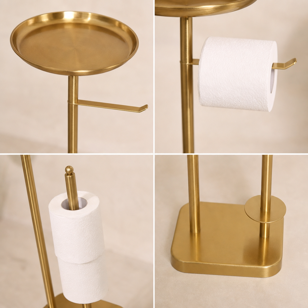 luxury bathroom accessories, premium bathroom accessories, bathroom valet, freestanding bathroom valet, 3 in 1 bathroom organizer, gold bathroom stand, gold bathroom accessories, freestanding towel holder, towel holder stand, gold towel holder, toilet roll holder, toilet roll stand, bathroom organizer with tray, towel and toilet roll holder, modern bathroom accessories, hotel style bathroom accessories, vanity organizer, no drill bathroom accessories, space saving bathroom organizer, gold bathroom decor
