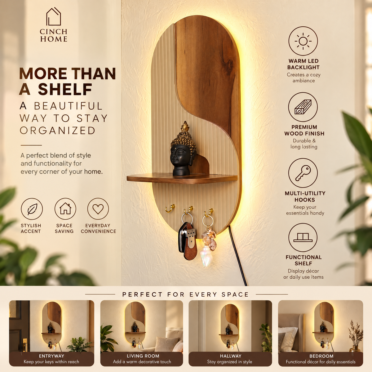 illuminated wall organizer, oval wall organizer, wall key holder, key holder with shelf, key holder with hooks, wall organizer with light, entryway organizer, wall shelf with hooks, ambient wall light, decorative wall shelf, towel hanger, wall mounted organizer, hallway organizer, foyer organizer, bedroom wall organizer, modern wall decor, luxury wall organizer, premium wall decor, wooden wall shelf, key hooks for wall, multifunctional wall organizer, Cinch Home wall organizer