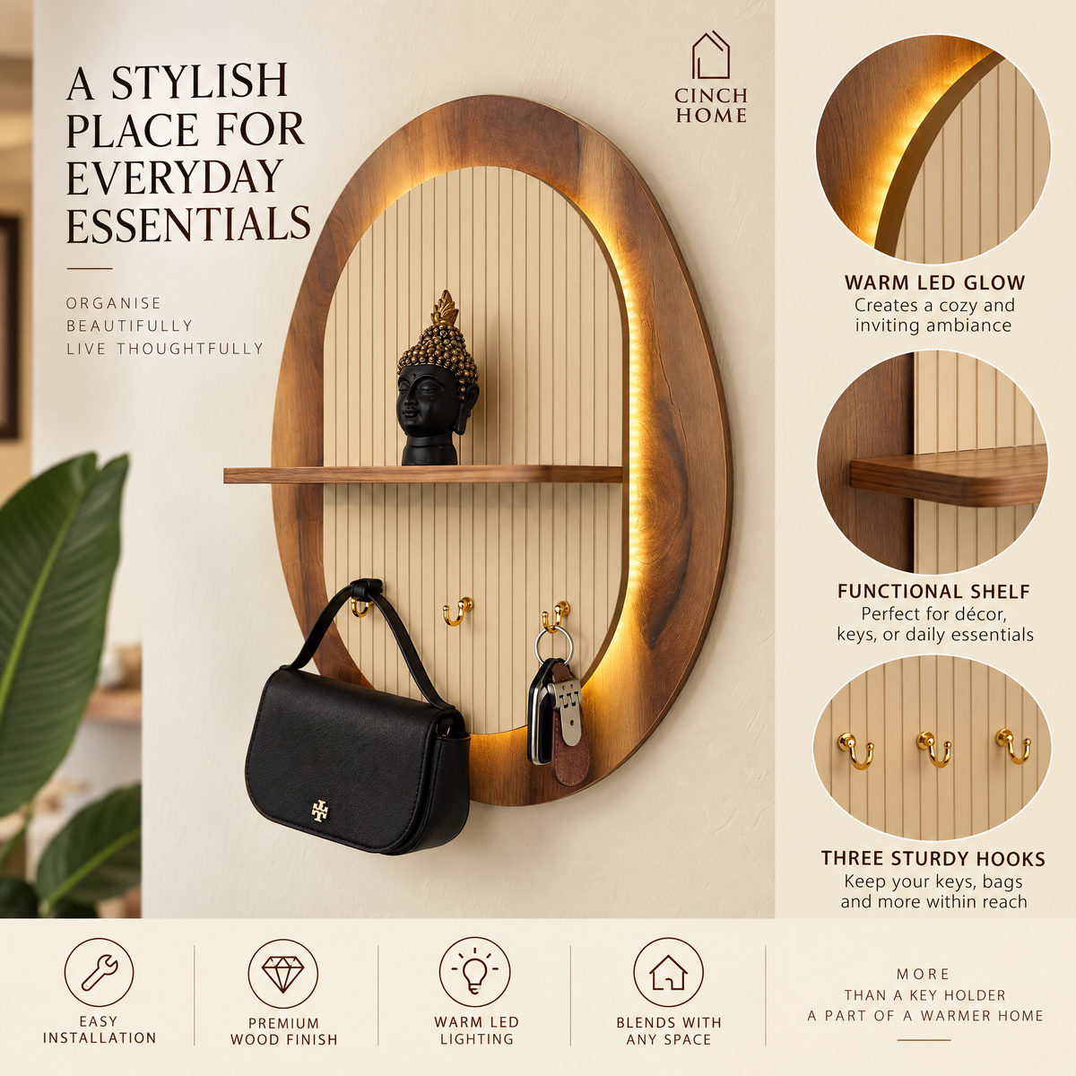 Abstract Wall Organiser with LED Light, Shelf & Hooks