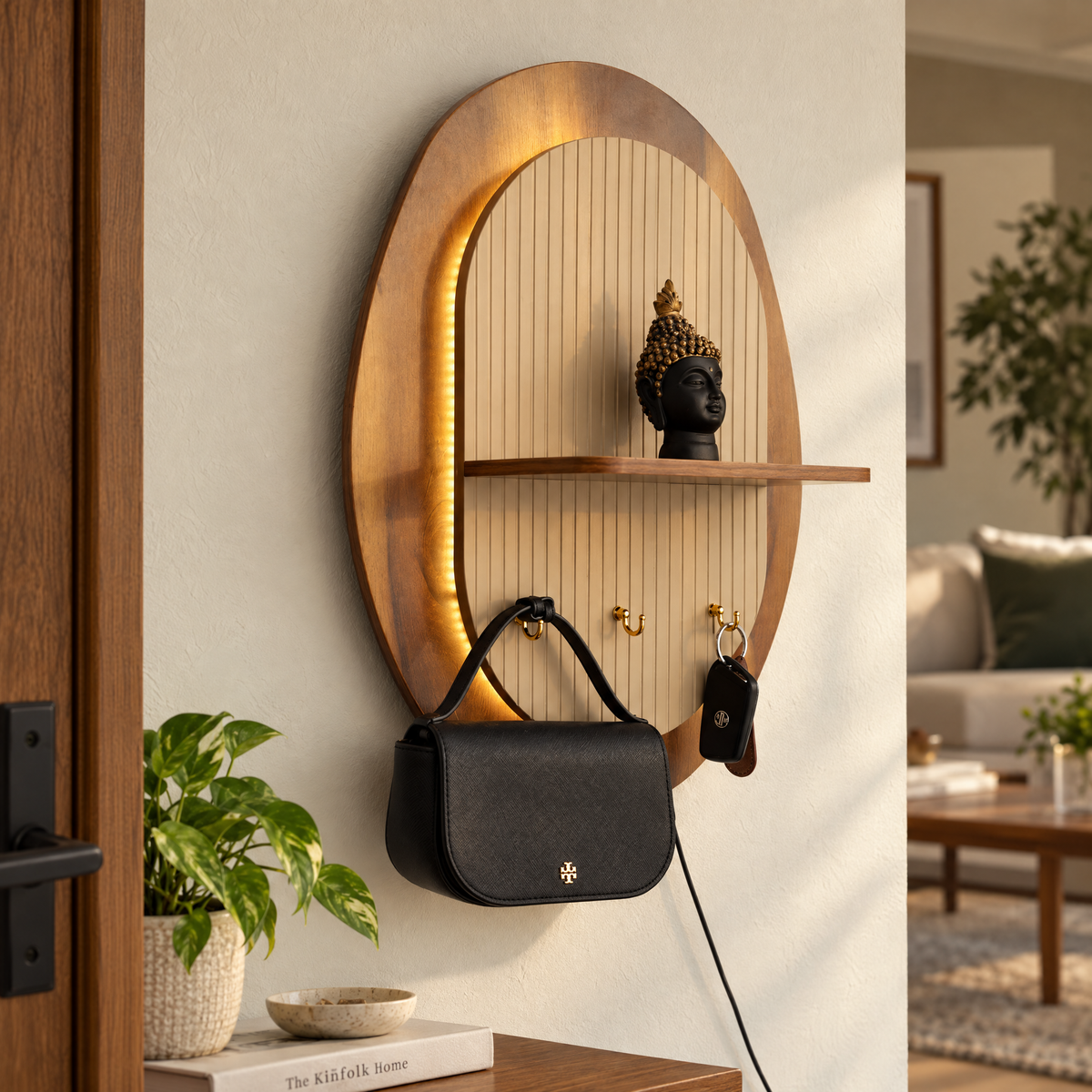illuminated wall organizer, oval wall organizer, wall key holder, key holder with shelf, key holder with hooks, wall organizer with light, entryway organizer, wall shelf with hooks, ambient wall light, decorative wall shelf, towel hanger, wall mounted organizer, hallway organizer, foyer organizer, bedroom wall organizer, modern wall decor, luxury wall organizer, premium wall decor, wooden wall shelf, key hooks for wall, multifunctional wall organizer, Cinch Home wall organizer