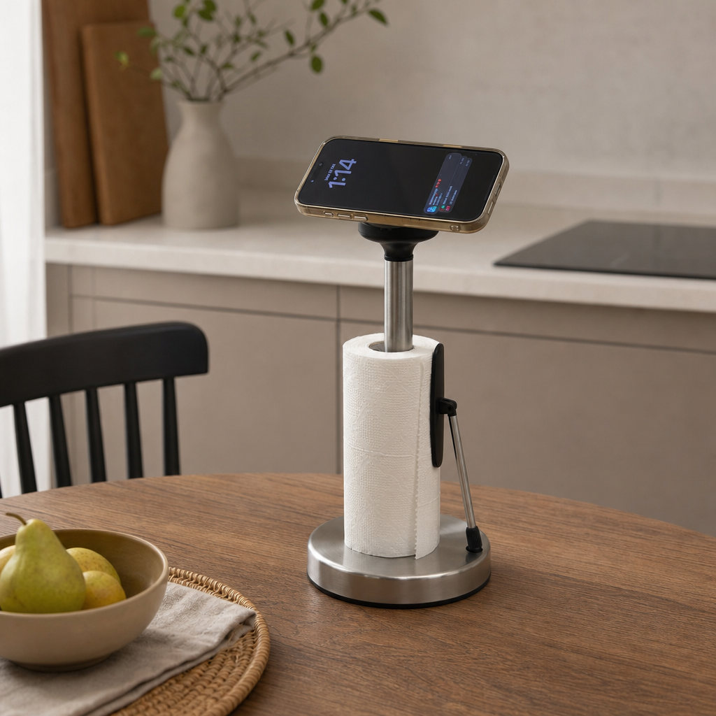 kitchen paper towel holder, stainless steel tissue holder, kitchen tissue stand, paper towel stand, kitchen roll holder, countertop paper towel holder, paper towel holder with phone stand, mobile phone holder, kitchen phone stand, tissue roll holder, kitchen countertop organizer, kitchen accessories, multifunctional kitchen stand, hands free phone holder, kitchen roll stand, paper towel dispenser, modern kitchen accessories, countertop tissue holder, cooking phone stand, Cinch Home kitchen accessories