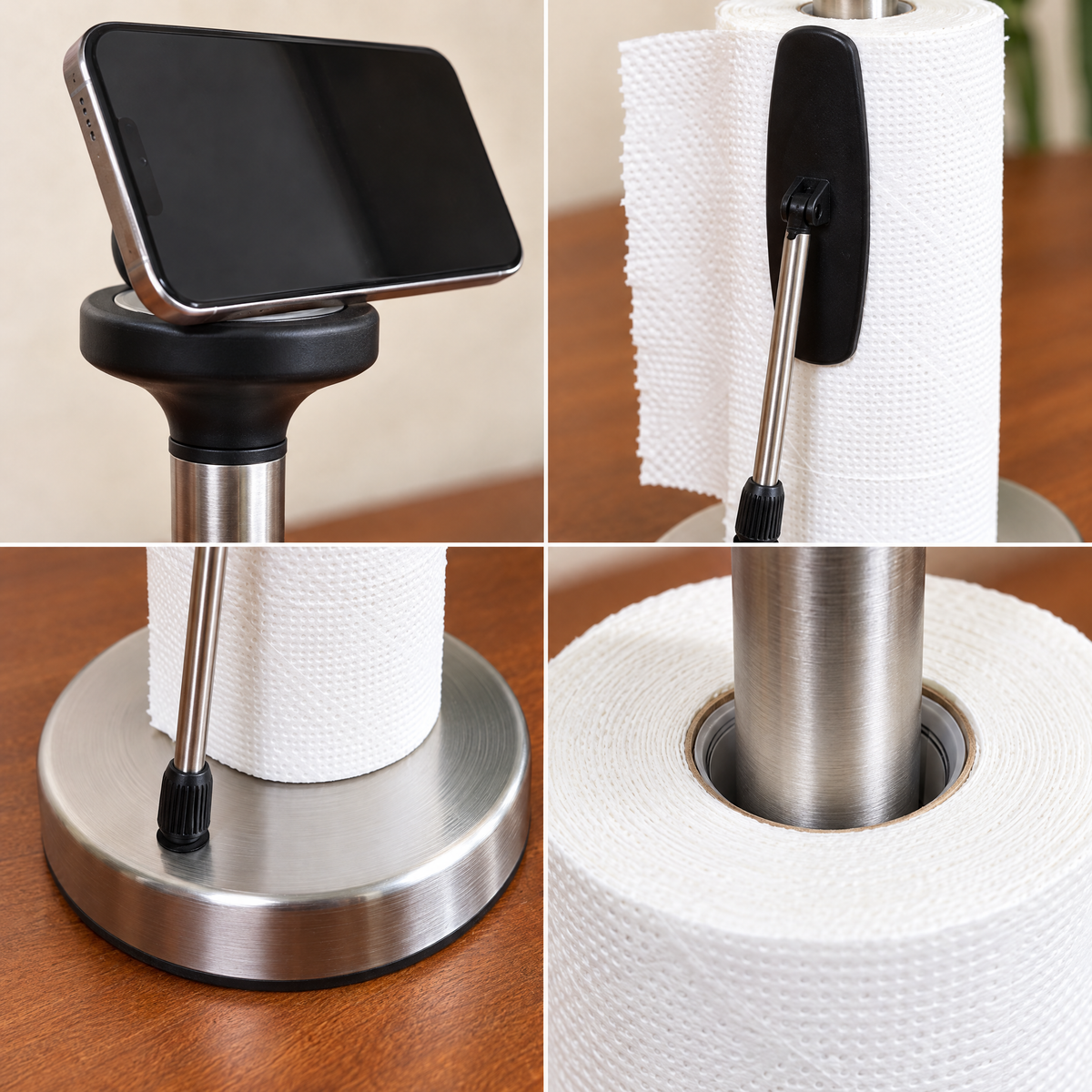 kitchen paper towel holder, stainless steel tissue holder, kitchen tissue stand, paper towel stand, kitchen roll holder, countertop paper towel holder, paper towel holder with phone stand, mobile phone holder, kitchen phone stand, tissue roll holder, kitchen countertop organizer, kitchen accessories, multifunctional kitchen stand, hands free phone holder, kitchen roll stand, paper towel dispenser, modern kitchen accessories, countertop tissue holder, cooking phone stand, Cinch Home kitchen accessories