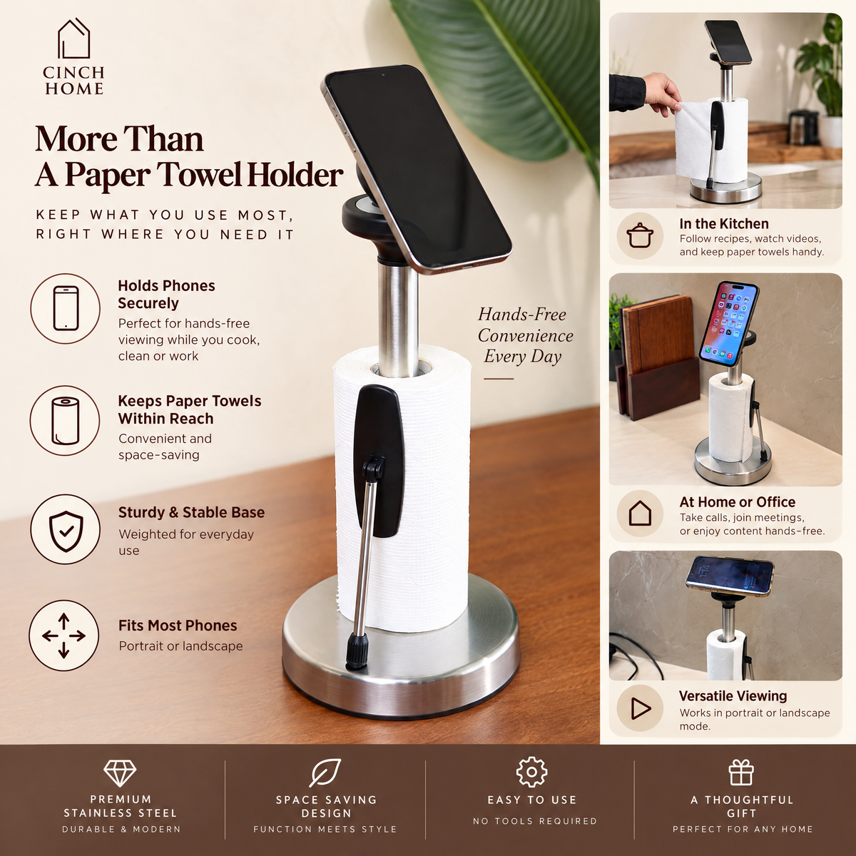 kitchen paper towel holder, stainless steel tissue holder, kitchen tissue stand, paper towel stand, kitchen roll holder, countertop paper towel holder, paper towel holder with phone stand, mobile phone holder, kitchen phone stand, tissue roll holder, kitchen countertop organizer, kitchen accessories, multifunctional kitchen stand, hands free phone holder, kitchen roll stand, paper towel dispenser, modern kitchen accessories, countertop tissue holder, cooking phone stand, Cinch Home kitchen accessories