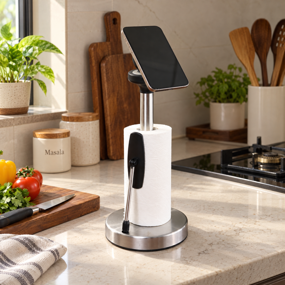 kitchen paper towel holder, stainless steel tissue holder, kitchen tissue stand, paper towel stand, kitchen roll holder, countertop paper towel holder, paper towel holder with phone stand, mobile phone holder, kitchen phone stand, tissue roll holder, kitchen countertop organizer, kitchen accessories, multifunctional kitchen stand, hands free phone holder, kitchen roll stand, paper towel dispenser, modern kitchen accessories, countertop tissue holder, cooking phone stand, Cinch Home kitchen accessories