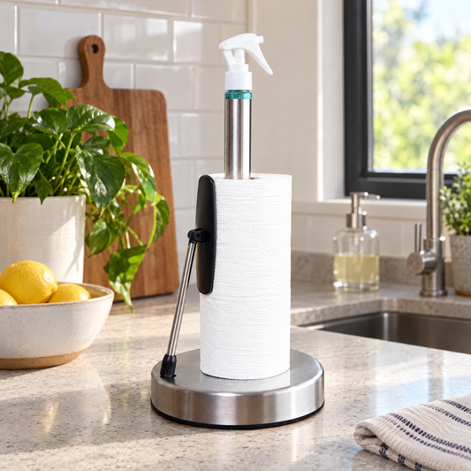 kitchen paper towel holder, stainless steel tissue holder, kitchen tissue stand, paper towel stand, kitchen roll holder, countertop paper towel holder, paper towel holder with phone stand, mobile phone holder, kitchen phone stand, tissue roll holder, kitchen countertop organizer, kitchen accessories, multifunctional kitchen stand, hands free phone holder, kitchen roll stand, paper towel dispenser, modern kitchen accessories, countertop tissue holder, cooking phone stand, Cinch Home kitchen accessories