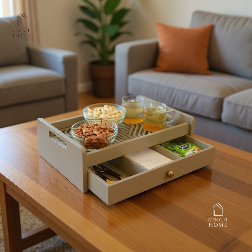 wooden serving tray with drawer, multipurpose organizer tray, tea serving tray, dry fruit serving tray, kitchen organizer tray, serving tray for snacks, home décor serving tray, dressing table tray, premium serving tray India, CinchHome serving tray. festive gifting, festive hosting, diwali gift, home gift, house warming gift