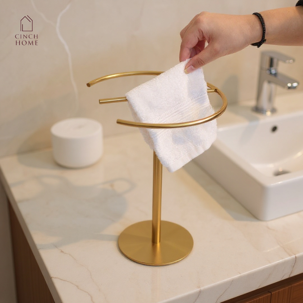 gold towel stand, countertop towel holder, knock-down towel rack, bathroom towel stand India, stainless steel towel holder, vanity towel rack, luxury bathroom accessories, gold hand towel holder, CinchHome towel stand, modern gold towel holder