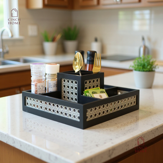 rattan organizer box, wooden organizer with cane weave, dining table organizer, kitchen condiment holder, cutlery organizer, makeup brush holder, vanity organizer, multipurpose table organizer, desk organizer, handmade rattan storage box, home décor organizer India, CinchHome rattan organizer, premium wooden organizer.
