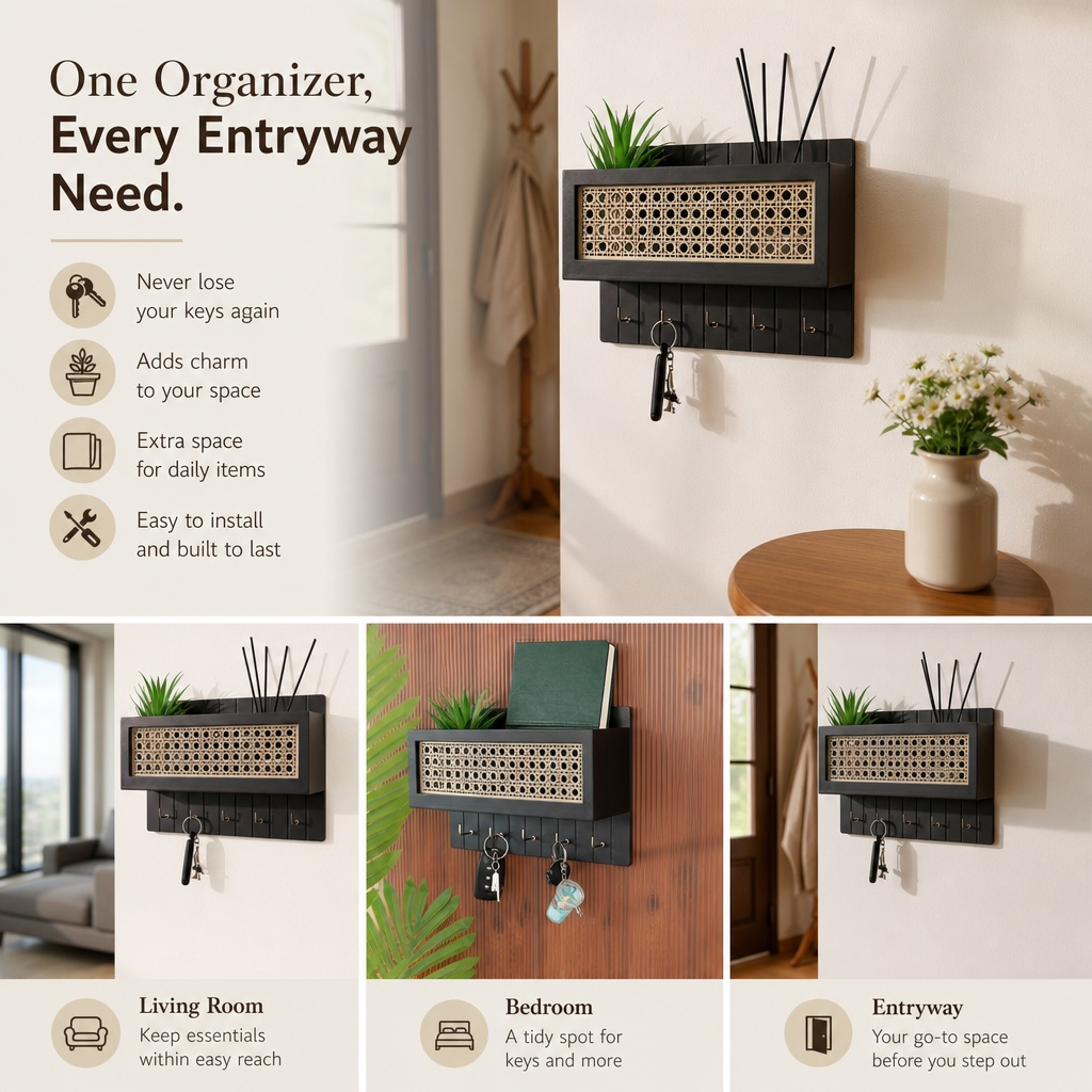 rattan key holder, wall shelf organizer, wooden key hanger, wall mounted key holder, home entryway organizer, black rattan wall décor, wooden key rack India, cane wall shelf, handcrafted key holder, CinchHome organizer