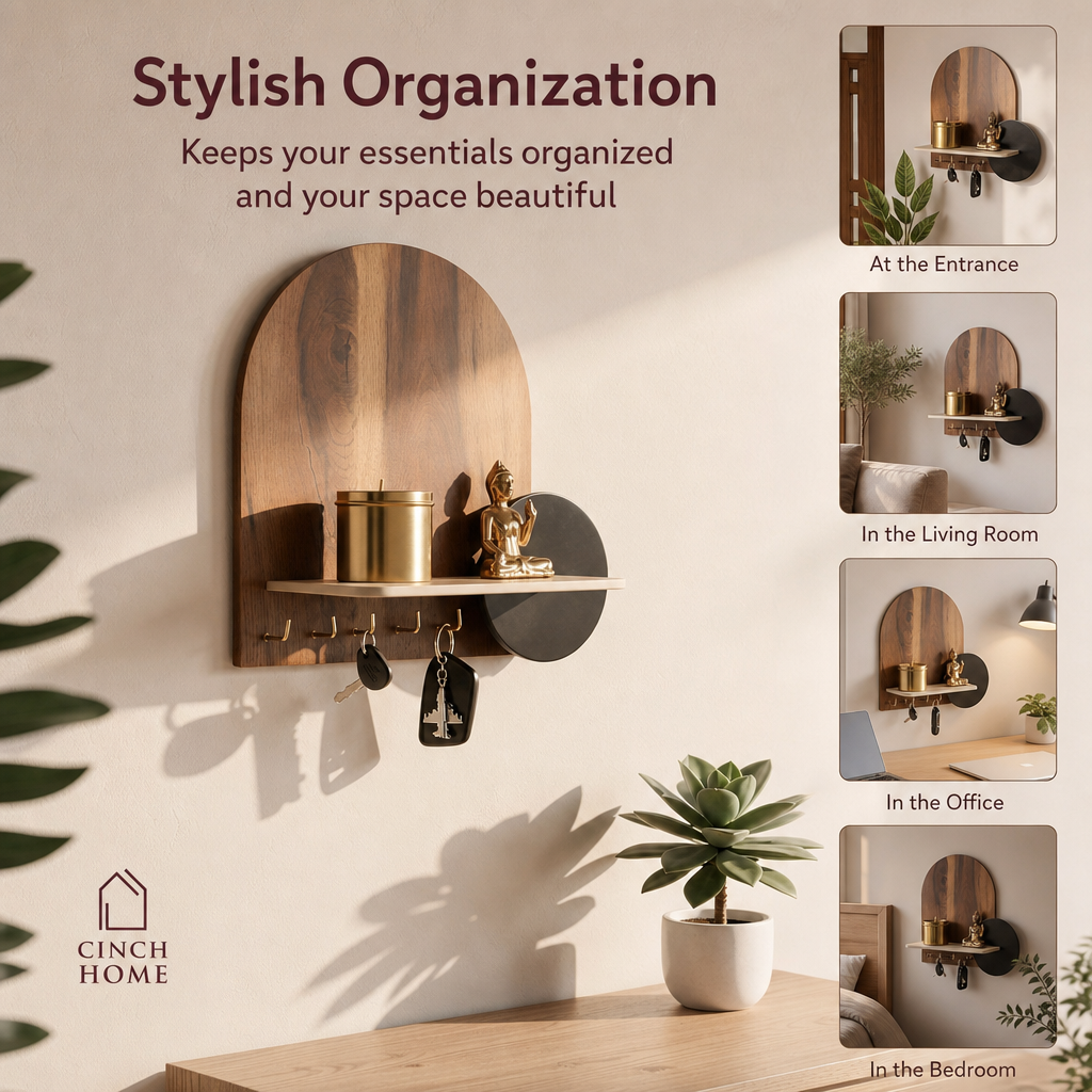 wooden key holder, wall mounted key holder, key holder with shelf, modern key holder, entryway organizer, wall key hanger, decorative key holder, key holder for wall, wooden wall shelf with hooks, home decor key holder, entryway wall decor, key stand for wall, key organizer for home, luxury key holder, minimal wall shelf, wall mounted organizer, wooden key hanger India, modern home decor accessories