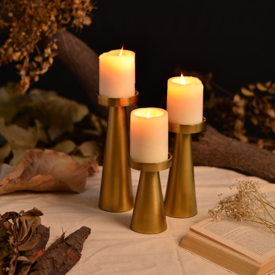 Set of 3 Gold Pillar Candles – Aura Decor